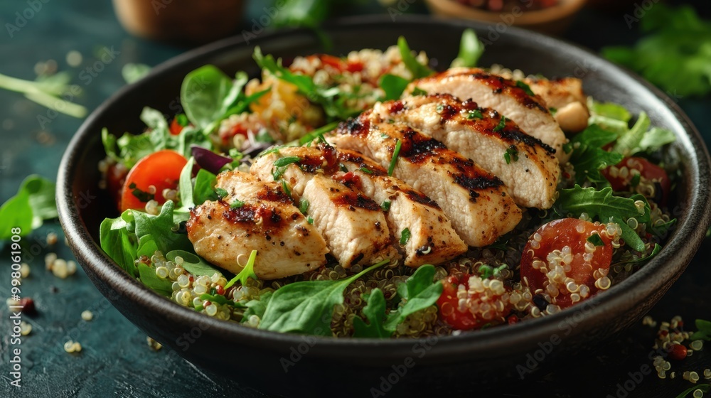 promote a healthy meal of quinoa salad with grilled chicken and mixed greens, a protein-packed option for your diet promote a healthy meal of quinoa salad with grilled chicken and mixed greens, a protein-packed option for your diet