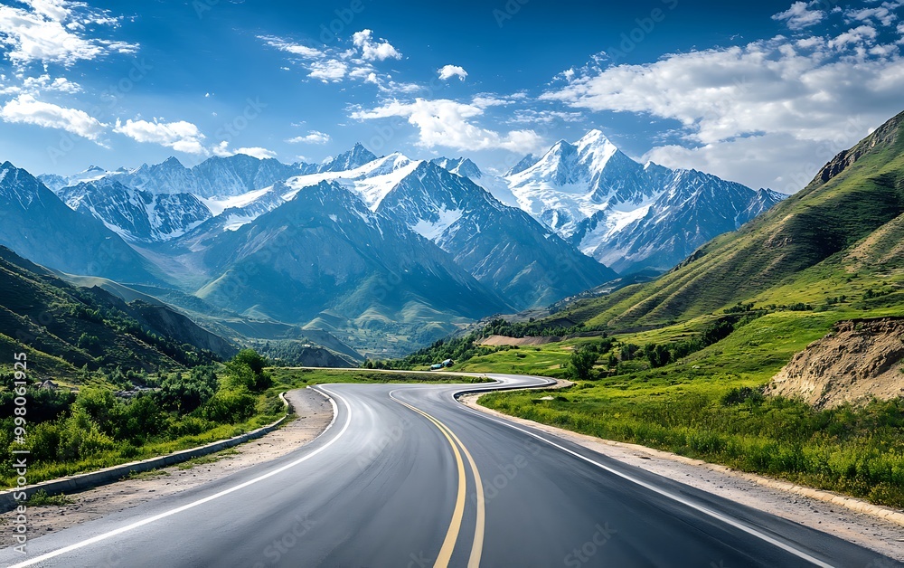 Scenic Mountain Road Winding Through Peaks with Snow-Capped Mountains and Green Valleys Scenic Mountain Road Winding Through Peaks with Snow-Capped Mountains and Green Valleys