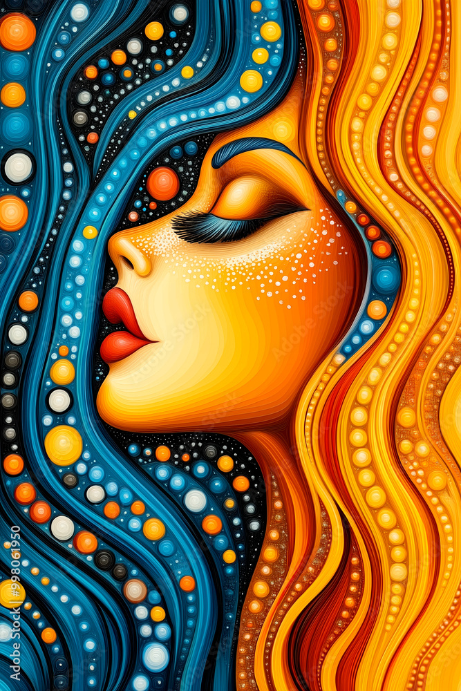 A woman's face is painted with blue and orange swirls. The blue swirls represent the ocean and the orange swirls represent the sun. The painting is abstract and has a dreamy, ethereal quality to it A woman's face is painted with blue and orange swirls. The blue swirls represent the ocean and the orange swirls represent the sun. The painting is abstract and has a dreamy, ethereal quality to it