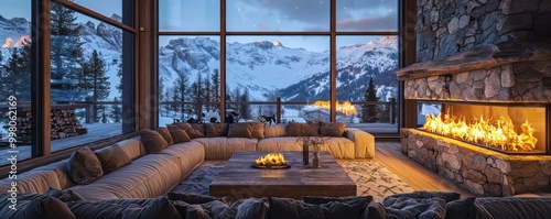 A cozy ski lodge living room with a large stone fireplace, deep plush sofas, and a view of the snowy mountains through floor-to-ceiling windows photo