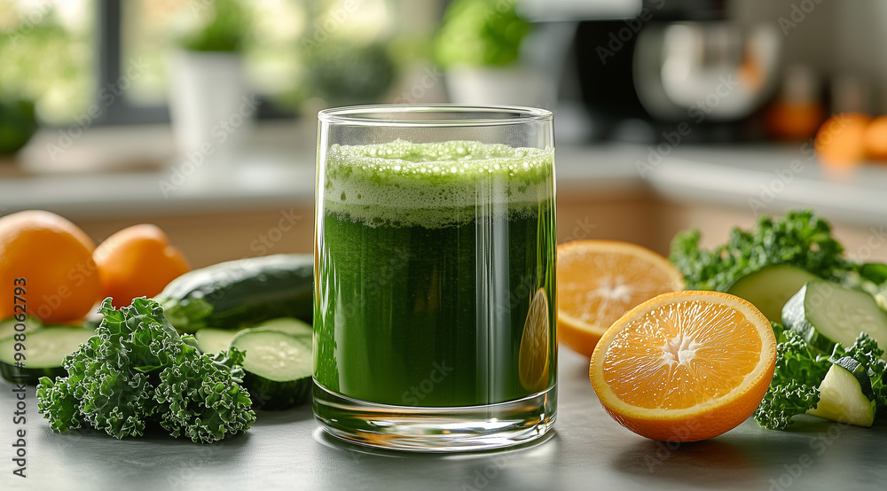 A glass of green juice is placed on the kitchen counter, surrounded by fresh vegetables and fruits like oranges, zucchini, and kale. In front stands an electric mixer. A glass of green juice is placed on the kitchen counter, surrounded by fresh vegetables and fruits like oranges, zucchini, and kale. In front stands an electric mixer.