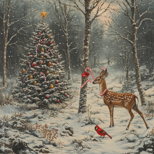 A snowy woodland scene with a decorated Christmas tree, a deer with candy canes, and a cardinal. photo