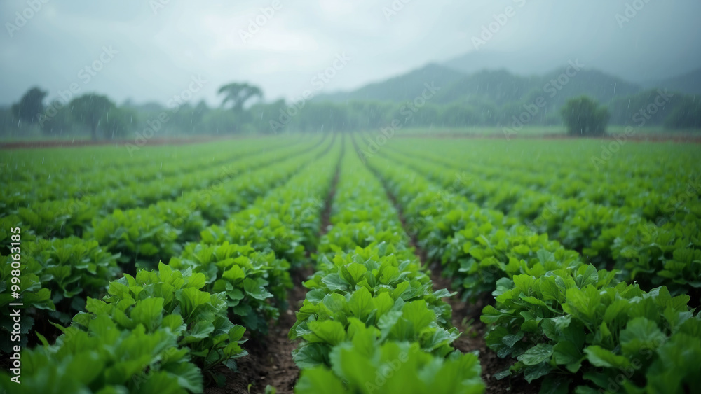 Rows of soy plants against a gray sky and rain, illustrating the natural process of growth and development Rows of soy plants against a gray sky and rain, illustrating the natural process of growth and development