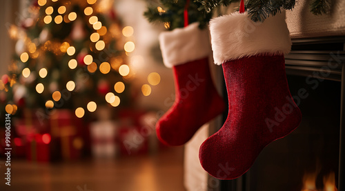 Close-up of Christmas stockings hanging on a fireplace in a living room with a blurred Christmas tree and bokeh lights. Bright white interior background, 