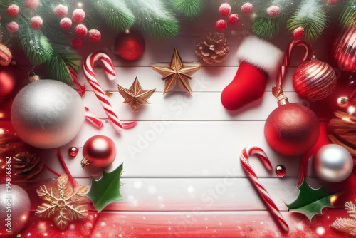 Postcard Christmas Background with Festive Ornaments in the Corners