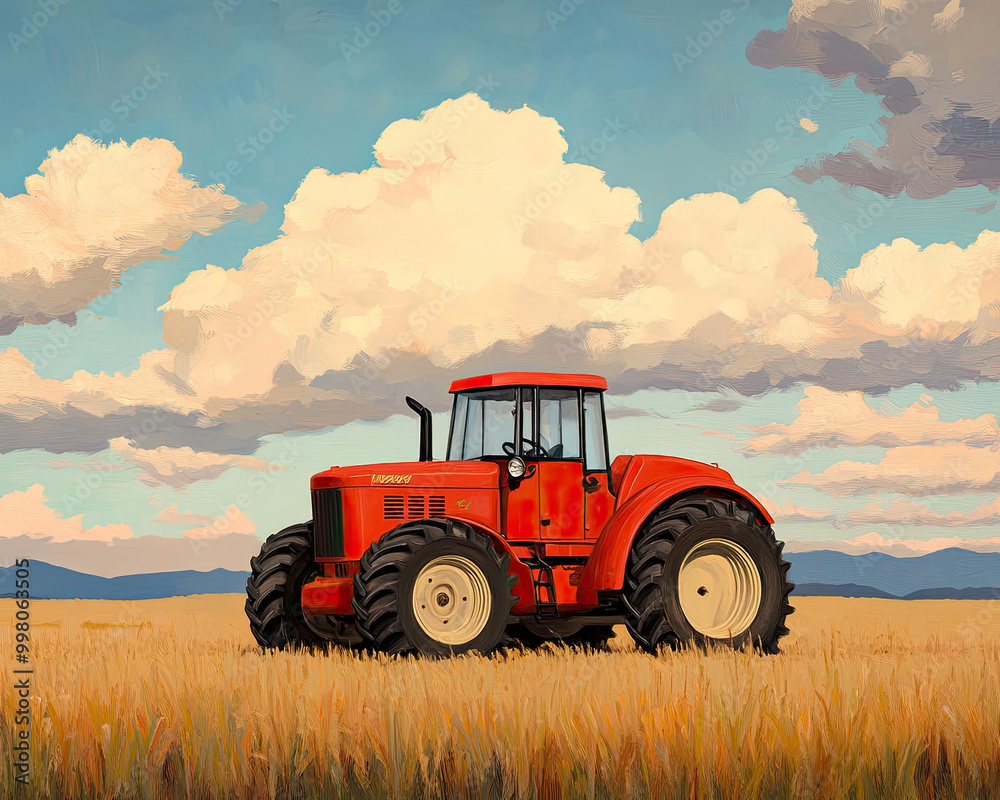 Bright red tractor in a golden wheat field under a blue sky with fluffy clouds. Bright red tractor in a golden wheat field under a blue sky with fluffy clouds.