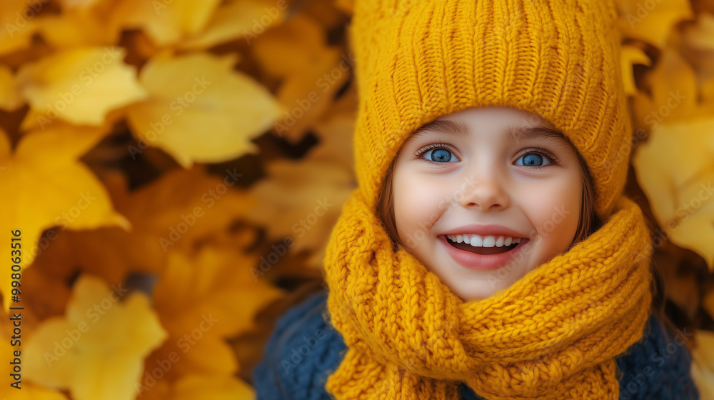 autumn banner, happy surprised girl, empty space for signature, colors: yellow, gray, blue, autumn banner, happy surprised girl, empty space for signature, colors: yellow, gray, blue,