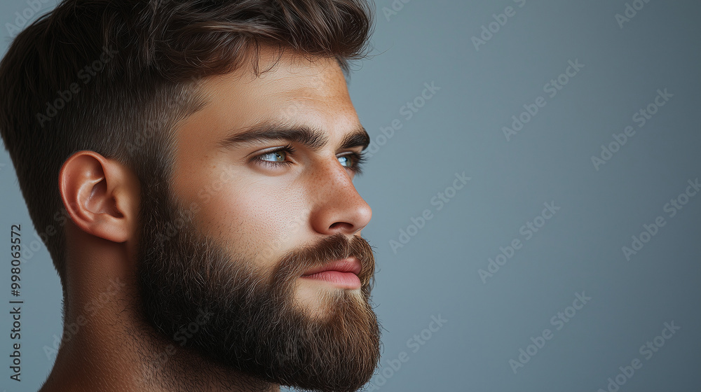 Obraz premium Photo of an attractive man with a beard, a close-up side-view portrait on a gray background. The man has modern, short hair and a fade haircut.Men's beauty salon concept
