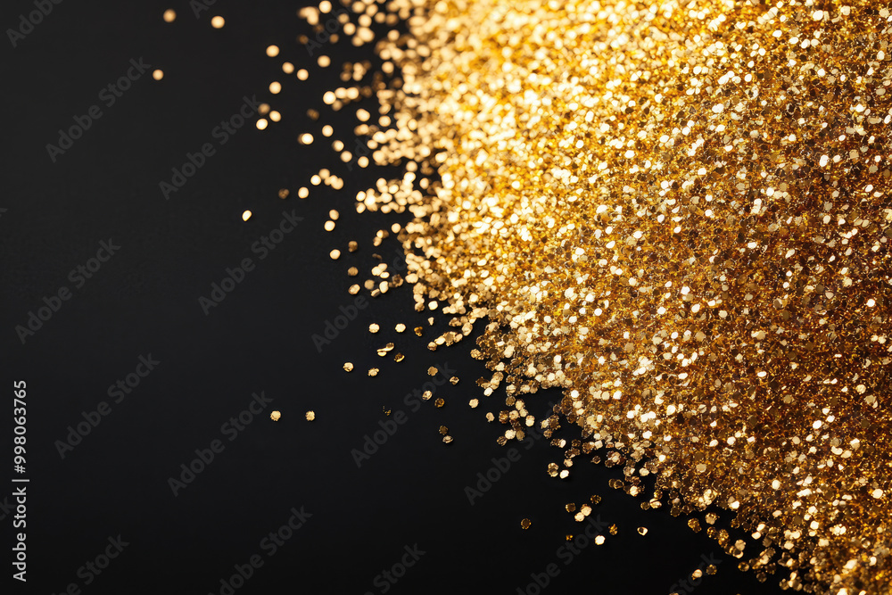 Golden glitter particles on a black background, shimmering and sparkling elegantly. Golden glitter particles on a black background, shimmering and sparkling elegantly.