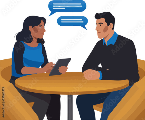 A man and a woman Two people are discussions at a table about business informally at networking even