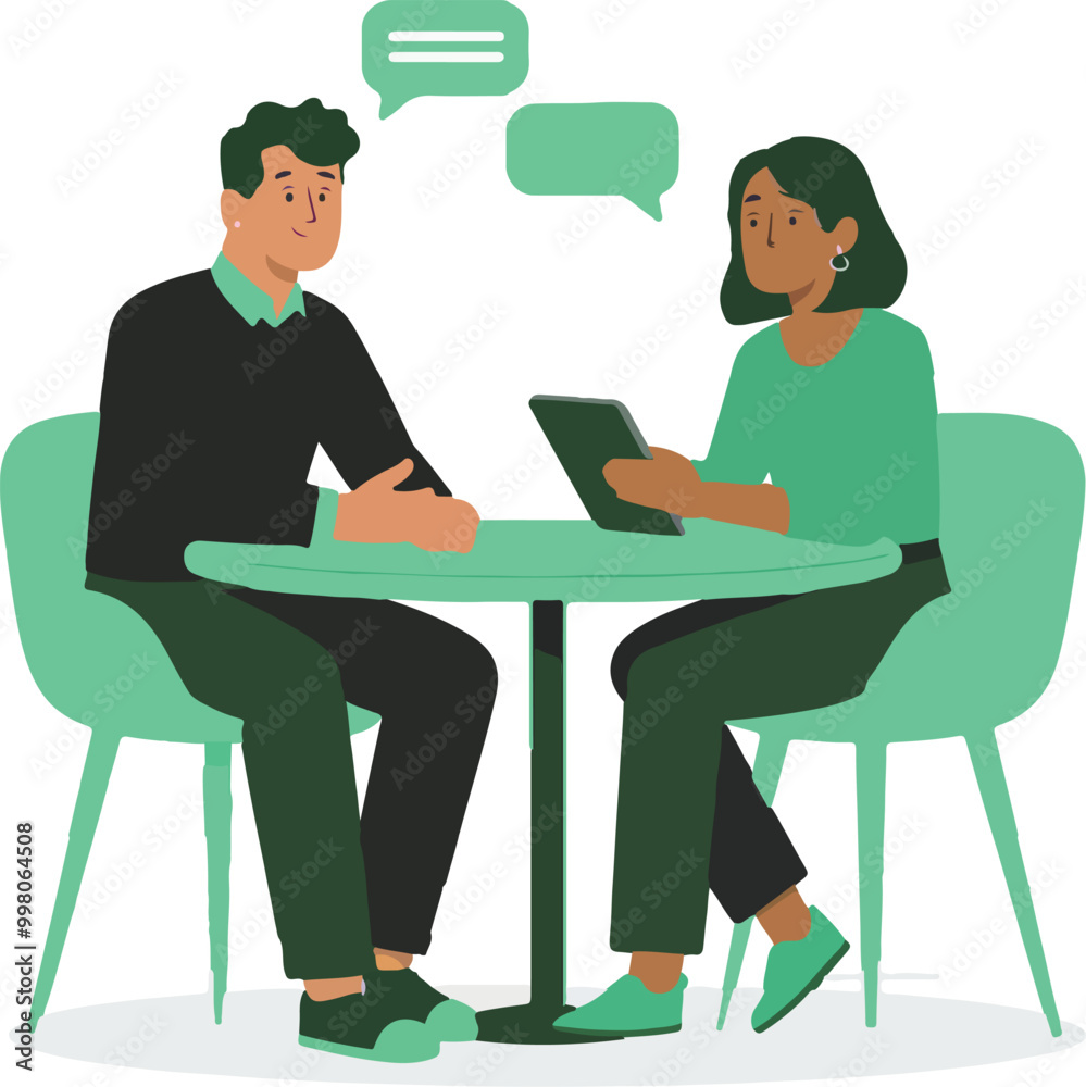 A man and a woman Two people are discussions at a table about business informally at networking even