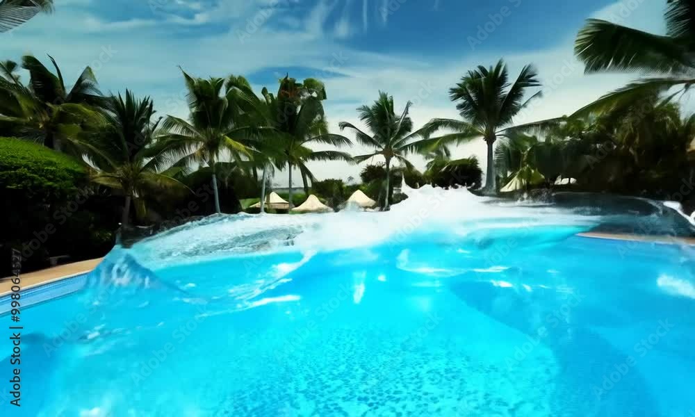 Aerial view of swimming pool in exotic resort beach area with palm trees under blue sky Aerial view of swimming pool in exotic resort beach area with palm trees under blue sky