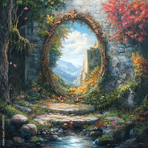 A stone wall with a golden ornate mirror reflecting a picturesque landscape of mountains, a castle, and a valley. photo