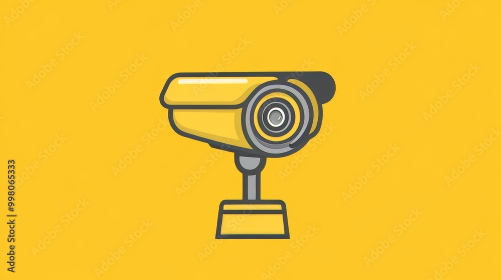 Security camera icon for video surveillance. Yellow square indicates camera monitoring for home safety. Security camera icon for video surveillance. Yellow square indicates camera monitoring for home safety.