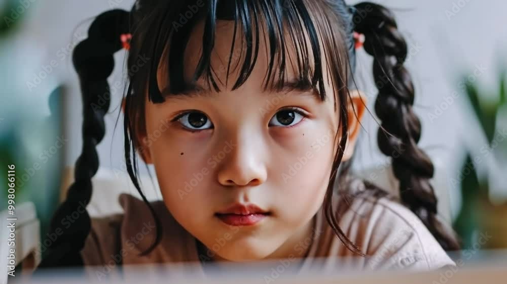 Young girl happy smiling student talking on online chat meeting using a laptop at home