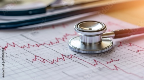 Stethoscope head on a cardiogram, representing arrhythmia and pacemaker concept.