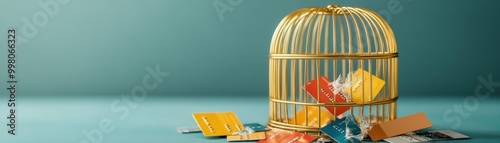 A gold cage with broken credit cards scattered around it, symbolizing the escape from debt but the scars it leaves behind