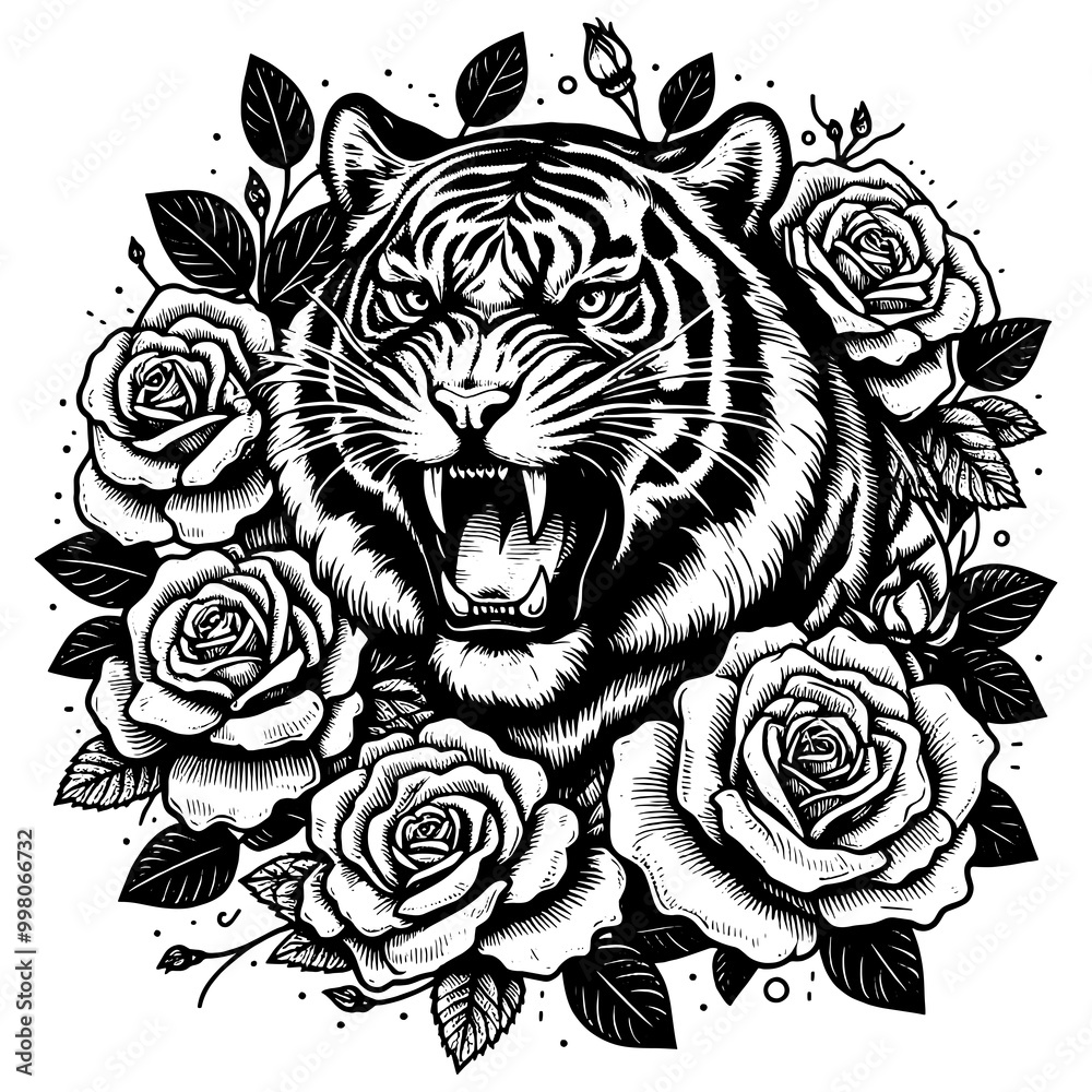 Obraz premium roaring tiger surrounded by blooming roses, tattoo. Fierce wildlife with delicate floral elements sketch engraving generative ai PNG illustration. Scratch board imitation. Black and white image.