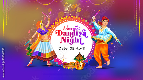 Celebration Background for couple dandiya garba night dance during Navratri festival.