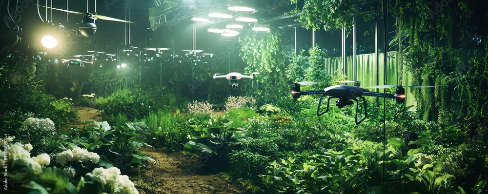 A garden with a self-regulating ecosystem, featuring drone pollinators and smart sensors that analyze soil and air quality to automatically adjust watering and lighting A garden with a self-regulating ecosystem, featuring drone pollinators and smart sensors that analyze soil and air quality to automatically adjust watering and lighting