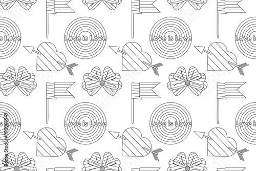Seamless LGBTQ-themed pattern for coloring, featuring hearts, bows, pride flags, and Love is Love text. Perfect for pride activities.