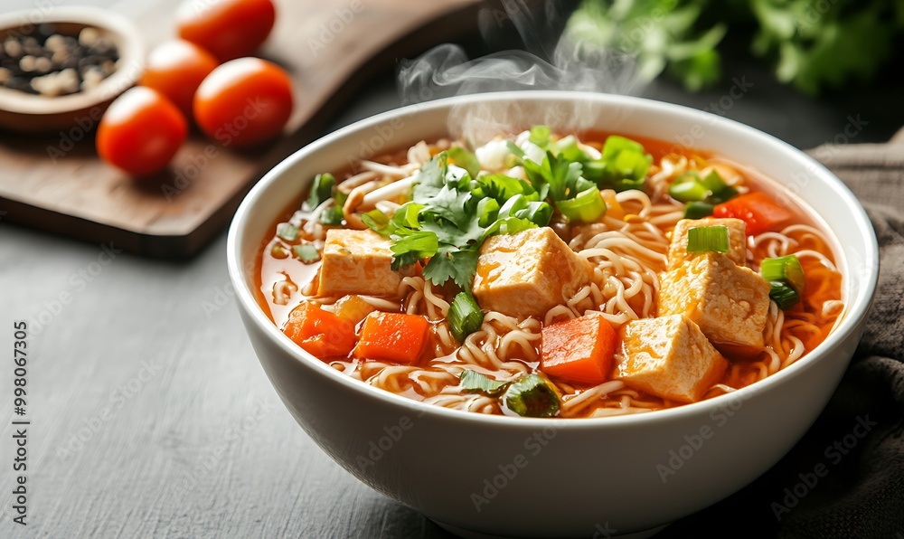 Bowl of Steaming Noodle Soup with Tofu and Vegetables Bowl of Steaming Noodle Soup with Tofu and Vegetables