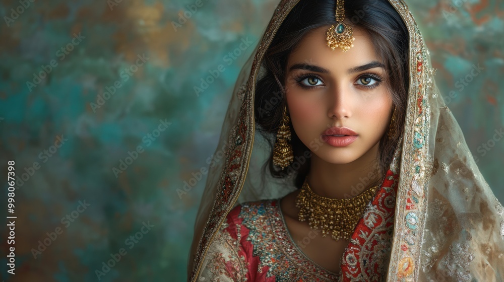 Fototapeta premium cultural diversity in fashion, the ethnic indian woman exudes grace and sophistication in a traditional outfit, showcasing her heritage beautifully in this portrait