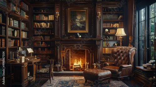 Wallpaper Mural Elegant Home Library with Leather-Bound Books, Reading Nook, and Fireplace Ambiance Torontodigital.ca