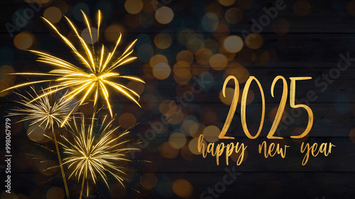 Photography HAPPY NEW YEAR - Sylvester, New Year's Eve 2025 Party, New year, Firework celebration background banner - Golden fireworks and bokeh lights on dark rustic wooden wall texture in the night
