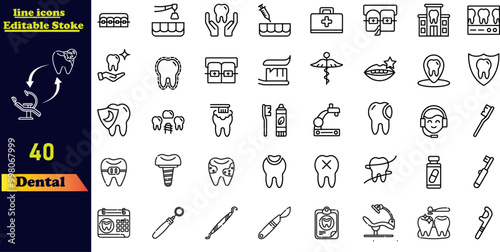 A collection of dental outline icons featuring dentist, dental care, oral disease, teeth whitening, extraction, broken tooth, root canal, fillings, and wisdom teeth. Vector icon set.