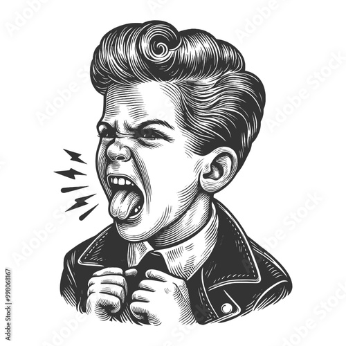 young boy yelling with an angry expression, leather jacket and vintage hairstyle sketch engraving generative ai fictional character vector illustration. Scratch board imitation. Black and white image.