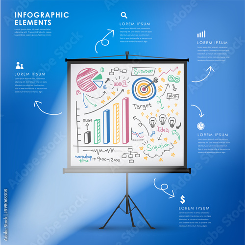 Hand drawn Marketing strategy plan presentation projection board marker white screen presentation vector illustration infographics elements design