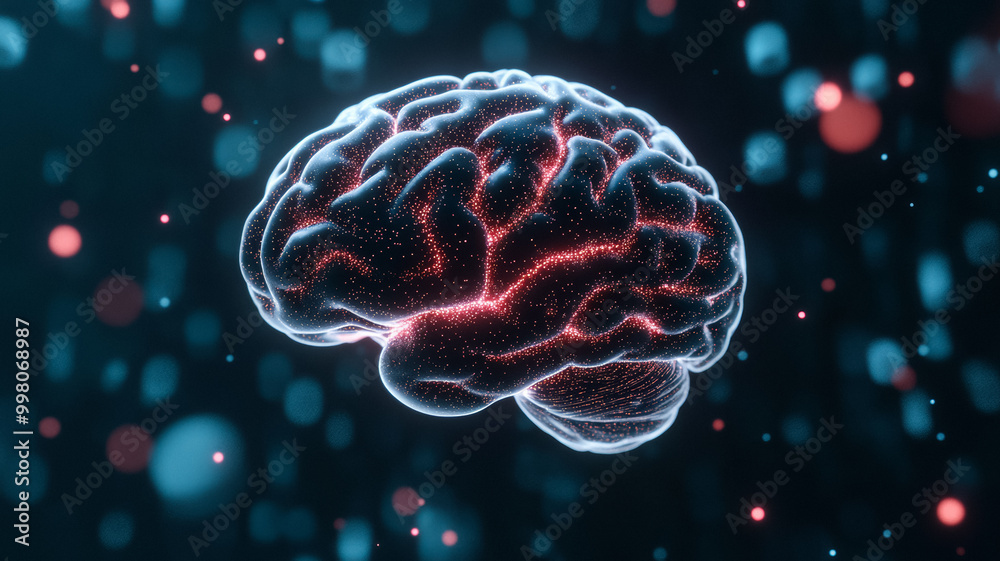 3D holographic AI brain floating in space with dynamic data streams and glowing particles around it 3D holographic AI brain floating in space with dynamic data streams and glowing particles around it