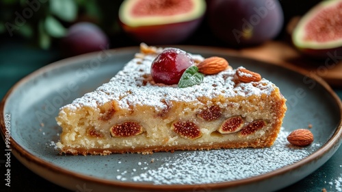 delicious fig and almond cake sprinkled with powdered sugar, a delightful tea time treat concept displayed on a banner photo