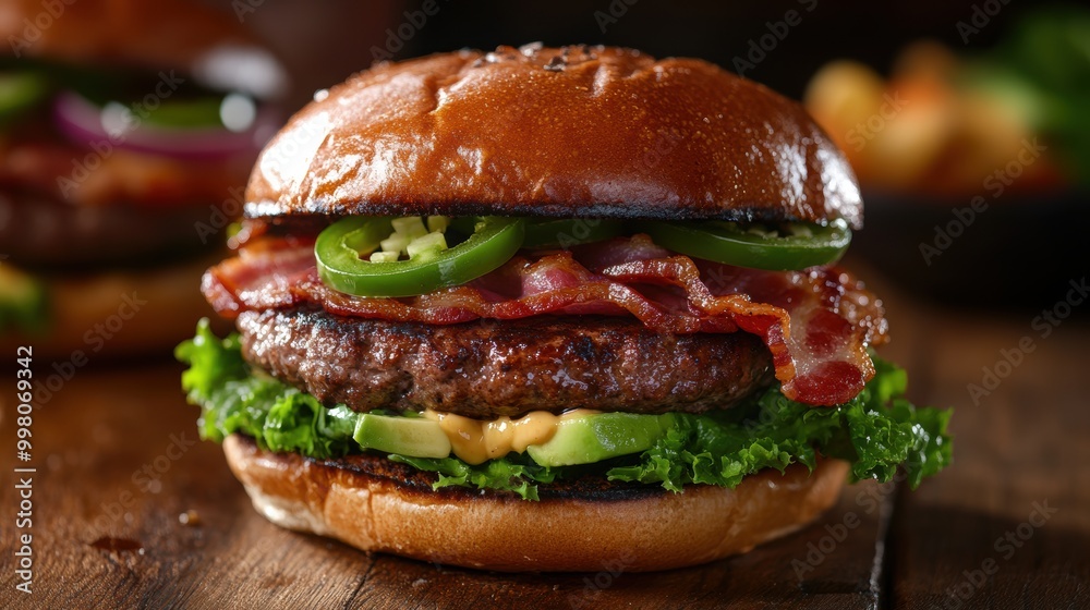 delicious bacon burger with avocado, jalapenos, on a fluffy bun, gourmet burger concept for a banner delicious bacon burger with avocado, jalapenos, on a fluffy bun, gourmet burger concept for a banner