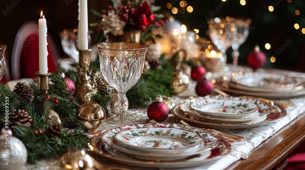 Naklejka premium Exquisite Holiday Feast: Luxurious Dinner Table with Elegant Tableware and Festive Decorations