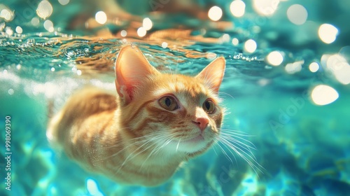 Cute ginger cat swimming underwater in swimming pool with bokeh lights