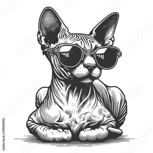 Sphynx cat confidently wearing sunglasses, exuding coolness and attitude sketch engraving generative ai vector illustration. Scratch board imitation. Black and white image.