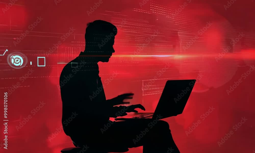 Silhouette of hacker using laptop with abstract digital symbols isolated on red background