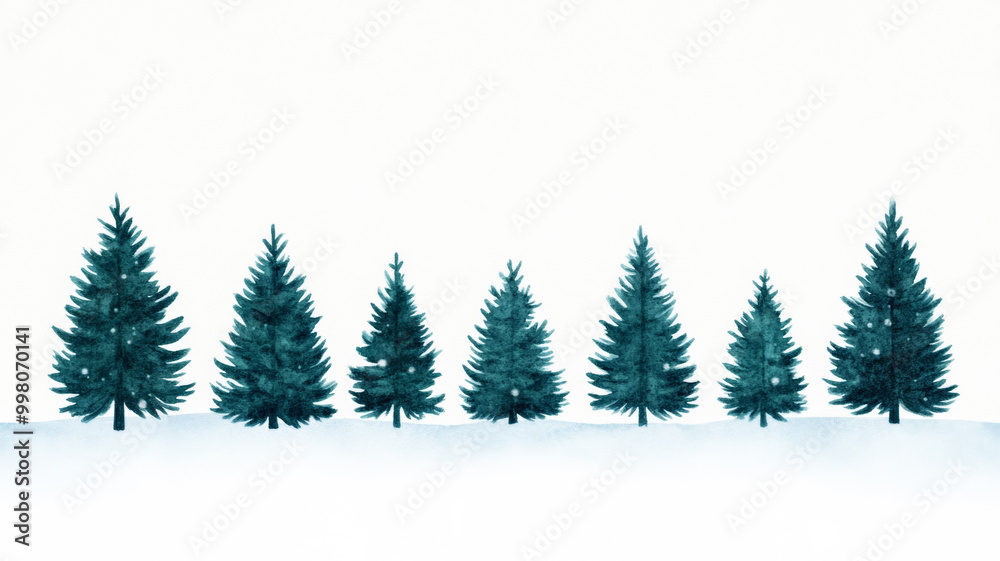 Obraz premium Abstract watercolor forest with multiple Christmas trees in soft green and blue tones snow gently falling around them 