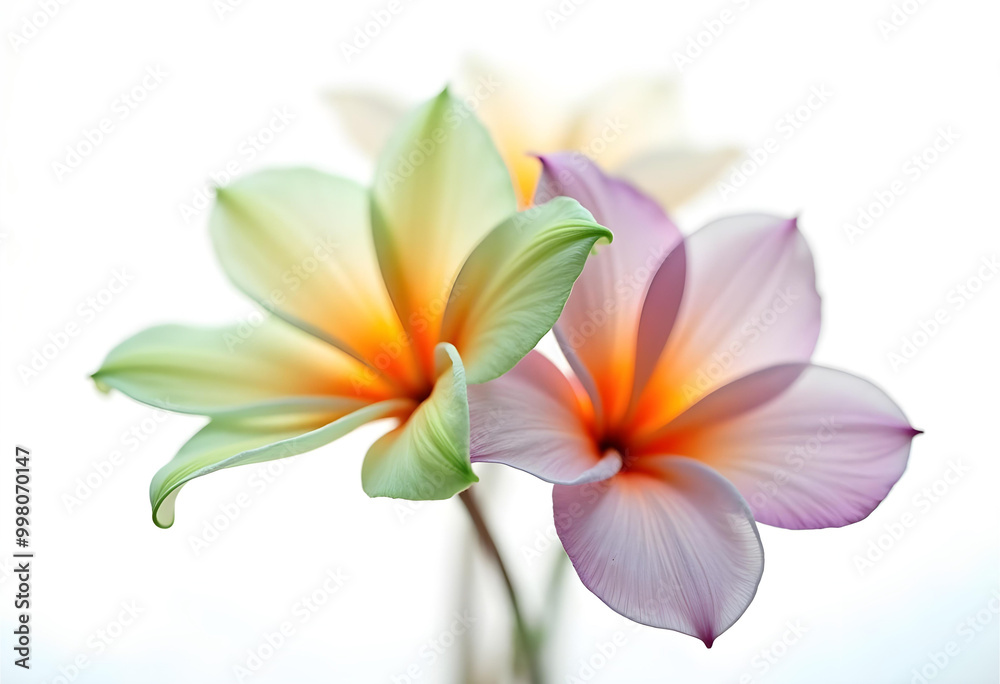 Abstract image of more flowers in soft pastel colors, flowing, translucent petals with a blend of colourss, white background, centered composition Abstract image of more flowers in soft pastel colors, flowing, translucent petals with a blend of colourss, white background, centered composition