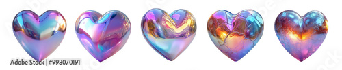 set of 3d render of chrome heart with holographic color on transparent background PNG