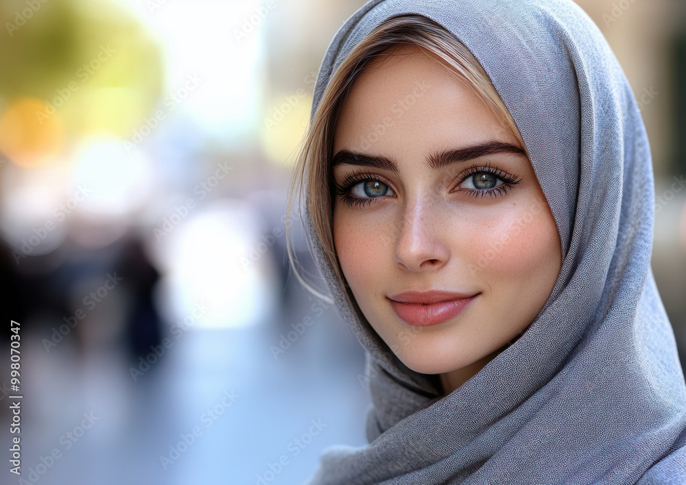 Portrait of a Woman in Gray Hijab with Soft Background Blur Portrait of a Woman in Gray Hijab with Soft Background Blur