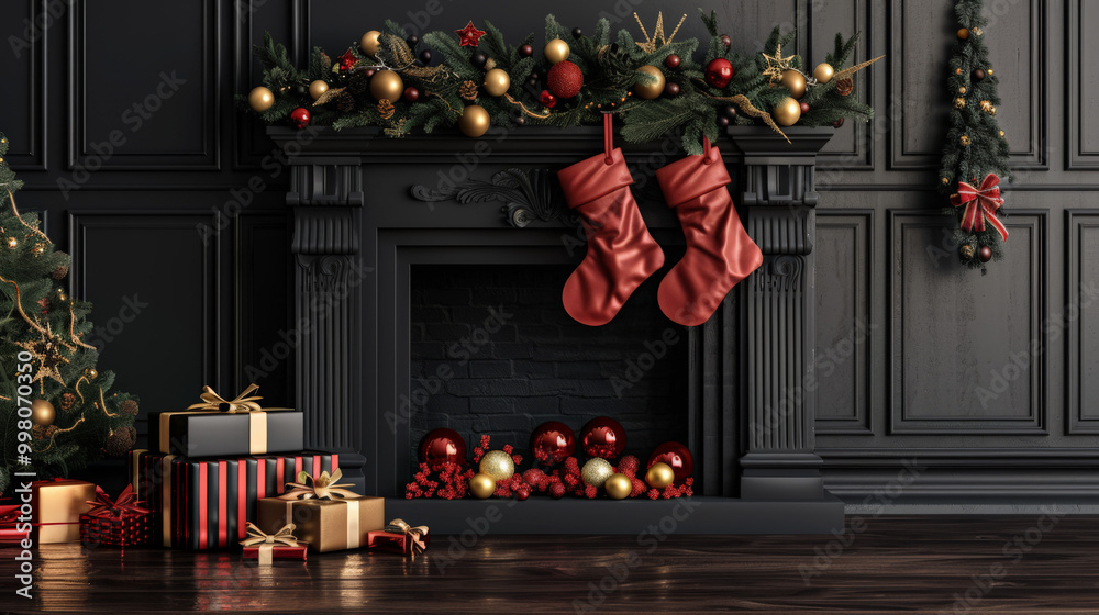 Cozy black fireplace decorated for Christmas with red stockings, golden ornaments, and beautifully adorned tree, creating festive atmosphere.