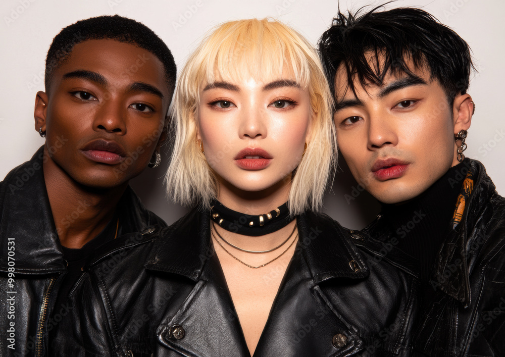 Stylish diverse group of models in leather jackets Stylish diverse group of models in leather jackets