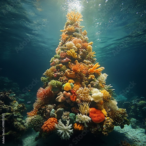 A vibrant underwater Christmas tree formed by colorful coral reefs. photo