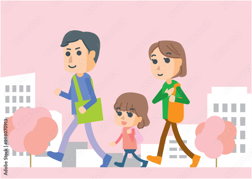 三人家族でお出かけをするイラスト 三人家族でお出かけをするイラスト