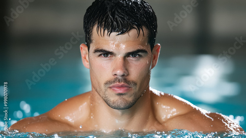 Athletic man swimming laps in an indoor pool water splashing around focused and intense expression 