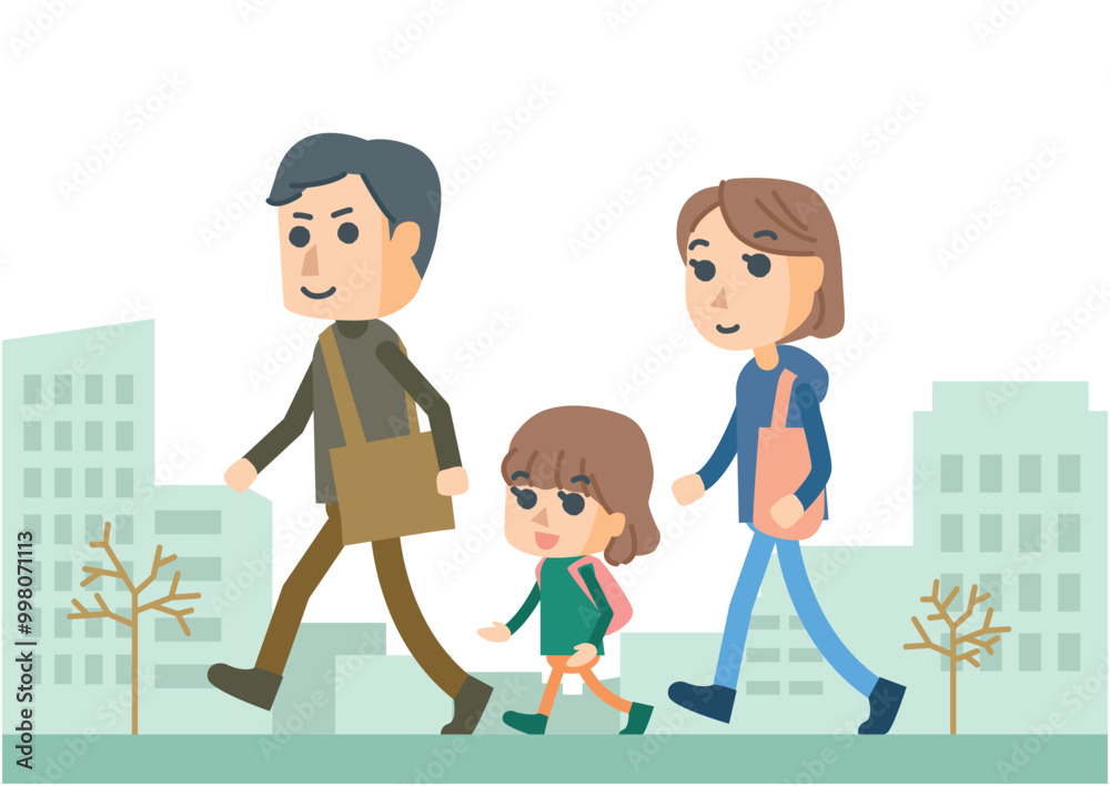 三人家族でお出かけをするイラスト 三人家族でお出かけをするイラスト