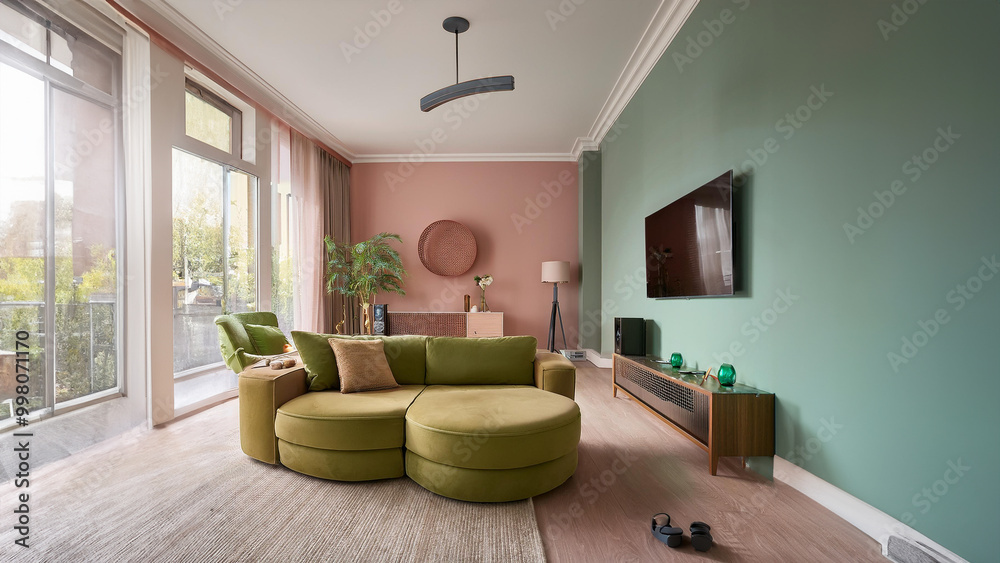 living room design with orange green sofa and pastel walls living room design with orange green sofa and pastel walls